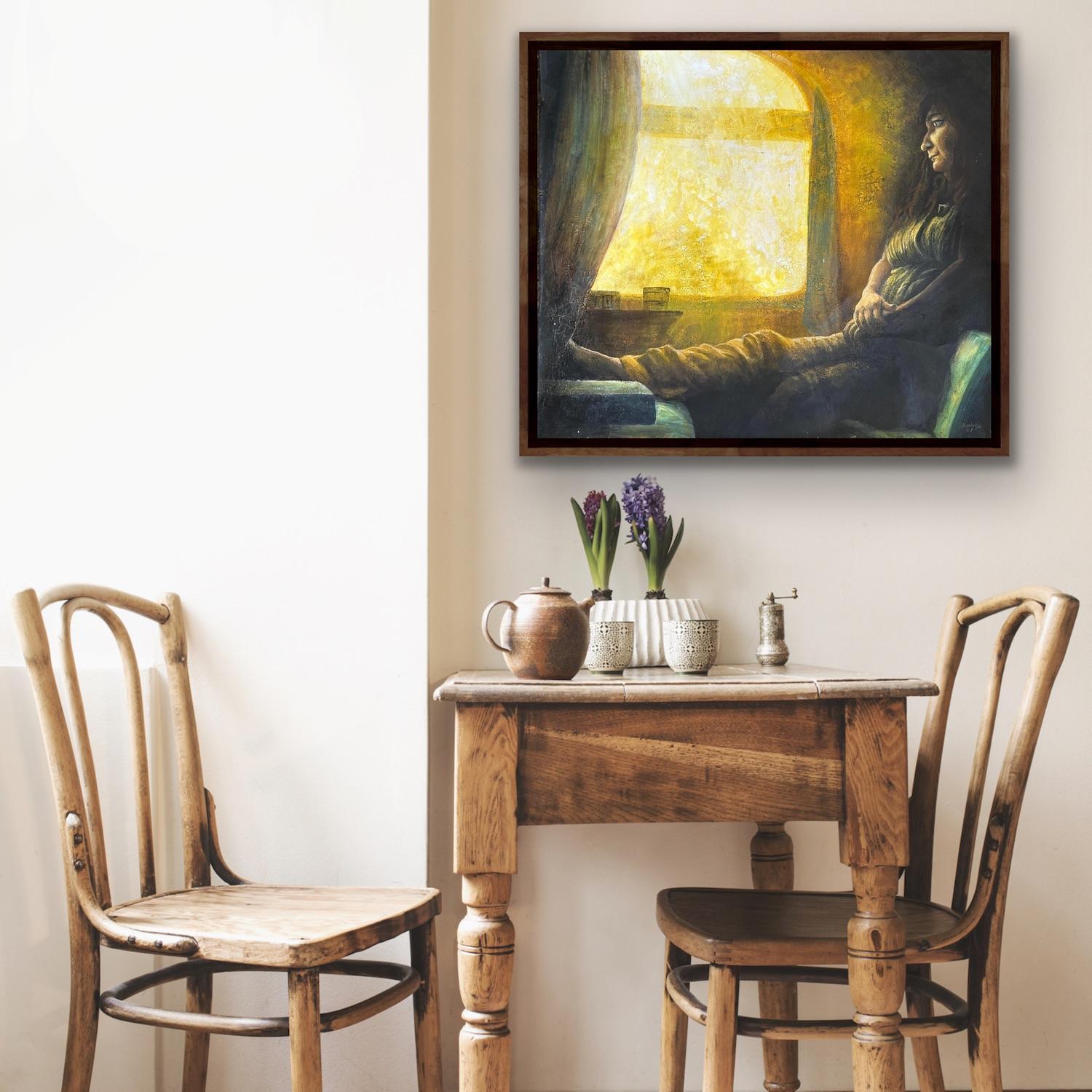 Surrealista Realismo India Lienzo Pintura Amarillo Luz Solar Tren Tierno Retrato en venta 7