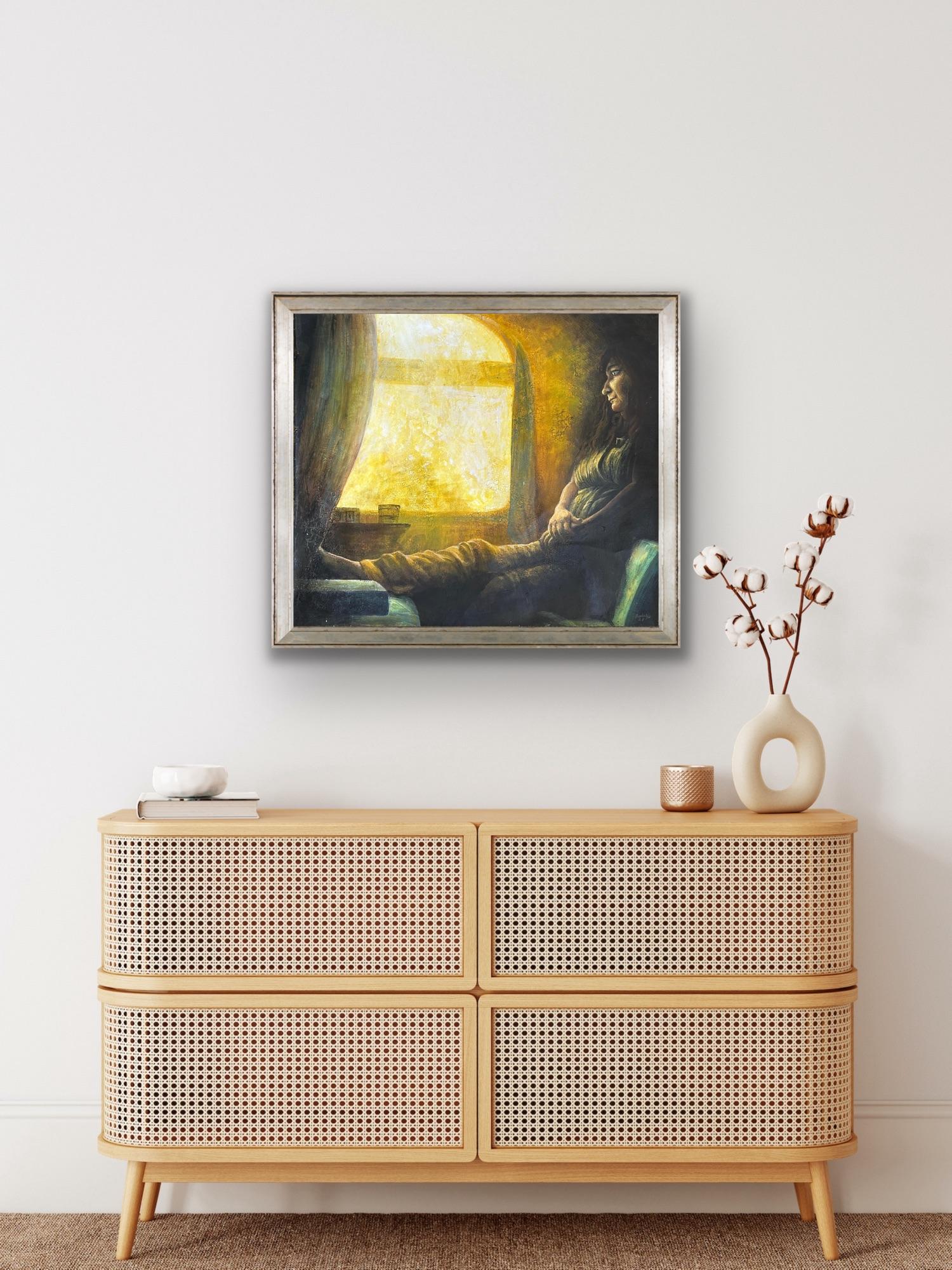 Surrealista Realismo India Lienzo Pintura Amarillo Luz Solar Tren Tierno Retrato en venta 8