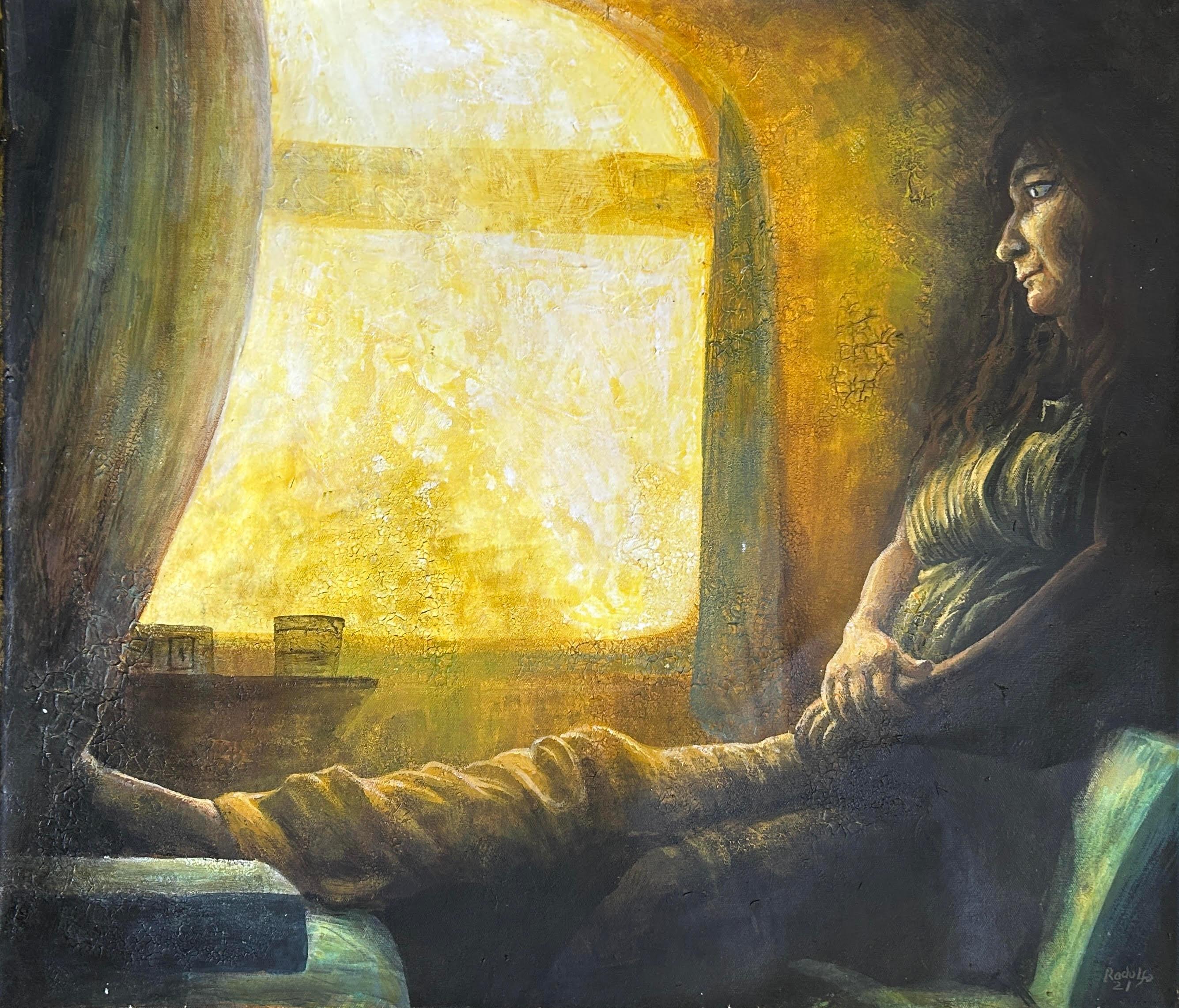 Peinture sur toile de l'Inde - Réalisme surréaliste - Portrait de Tender en train au clair du soleil