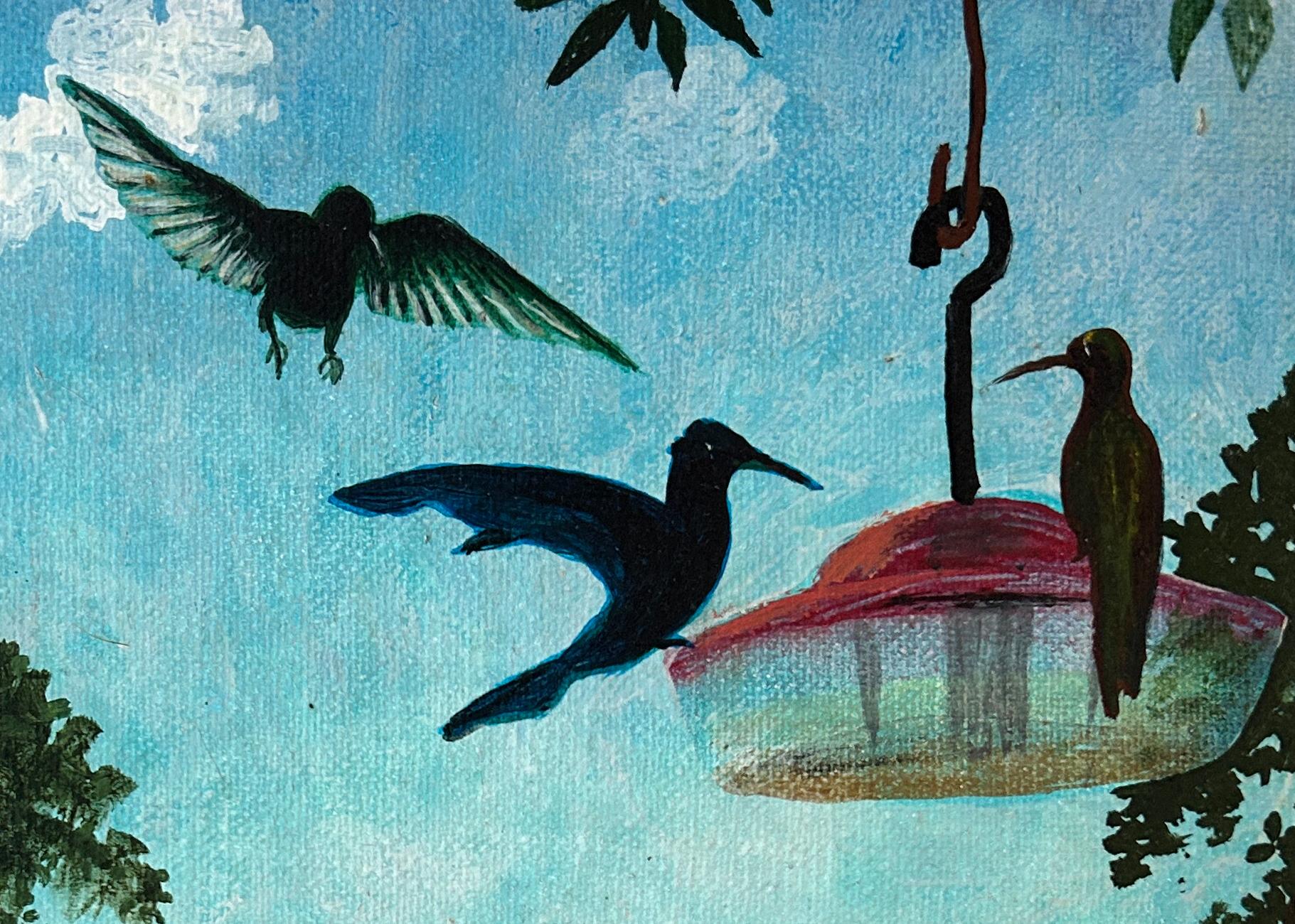 Trinidad Caribbean Humming Birds Jungle Forest Birds Verandah Blue Green  - Contemporary Painting by Peter Rodulfo