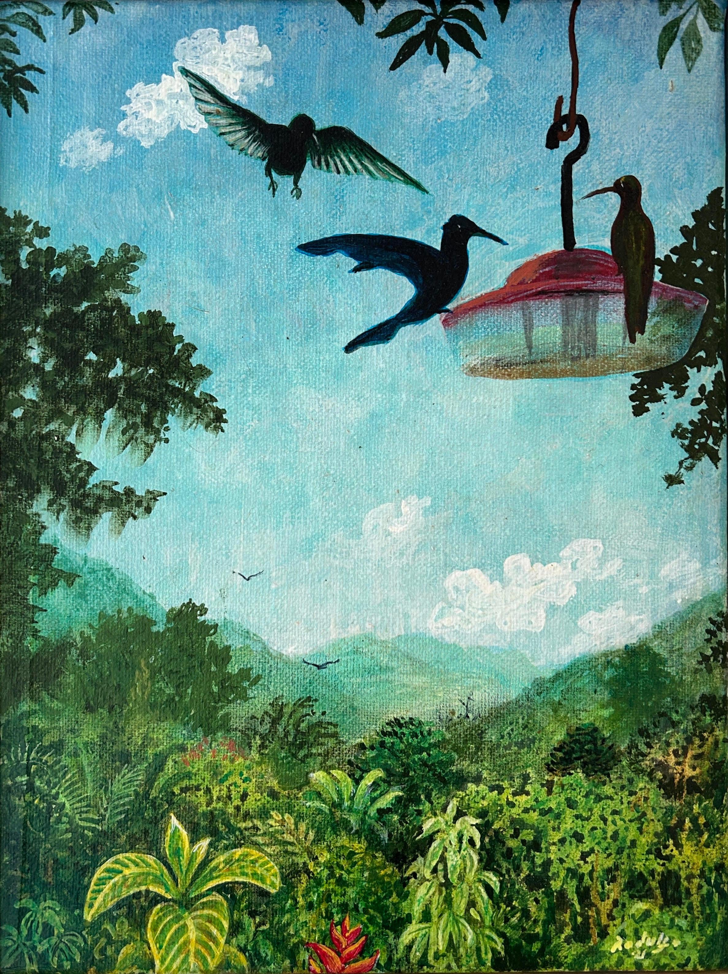 Peter Rodulfo Abstract Painting - Trinidad Caribbean Humming Birds Jungle Forest Birds Verandah Blue Green 