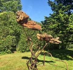 Used "An Offering" Organic, Abstract Sculpture, Wood Burl, Reclaimed Farm Equipment