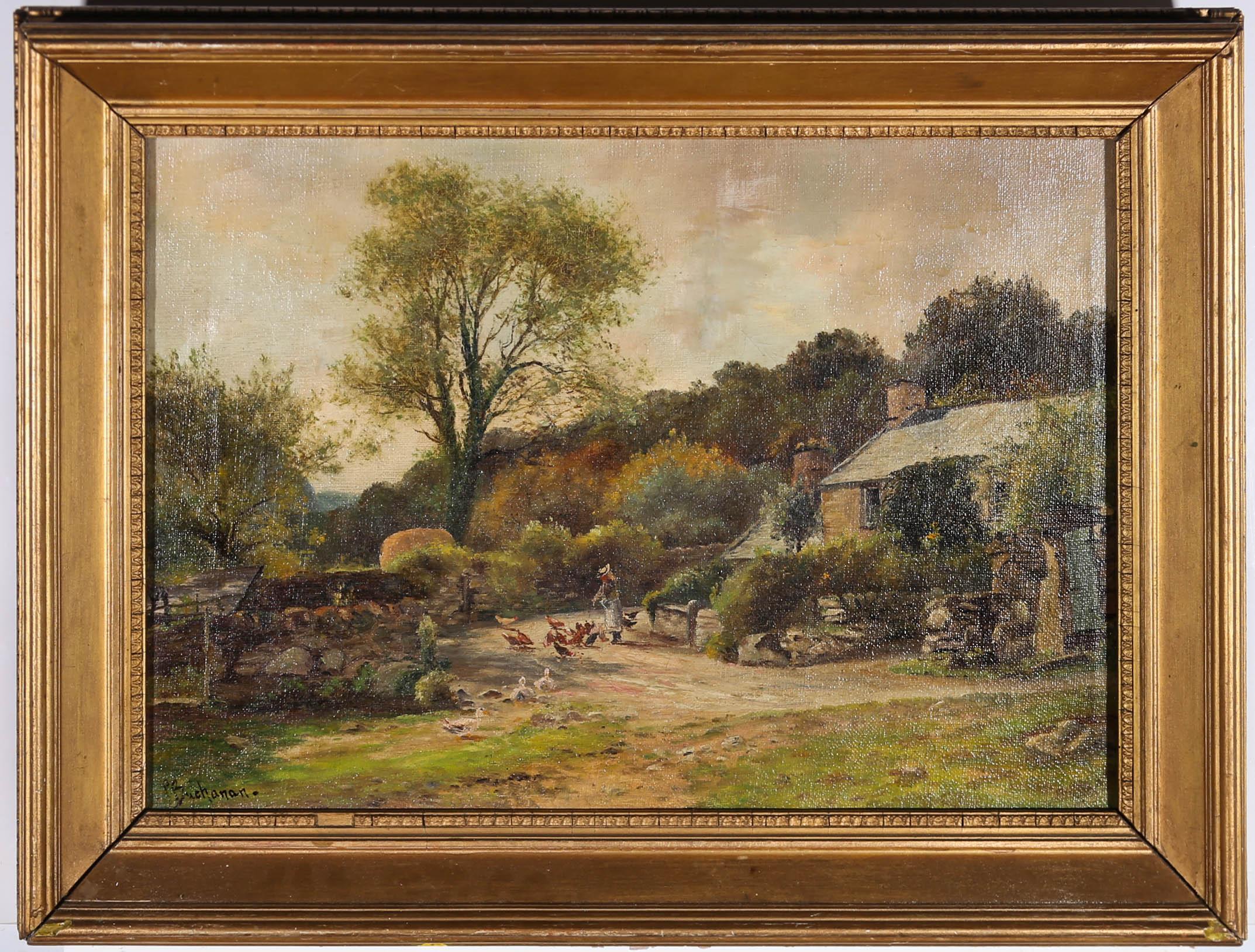 This well painted oil study depicts a lady feeding her free range chickens in the farmyard main driveway, in front of a charming slate roofed cottage. Painted in fine detail, the artist has carefully captured the tranquil atmosphere associated with