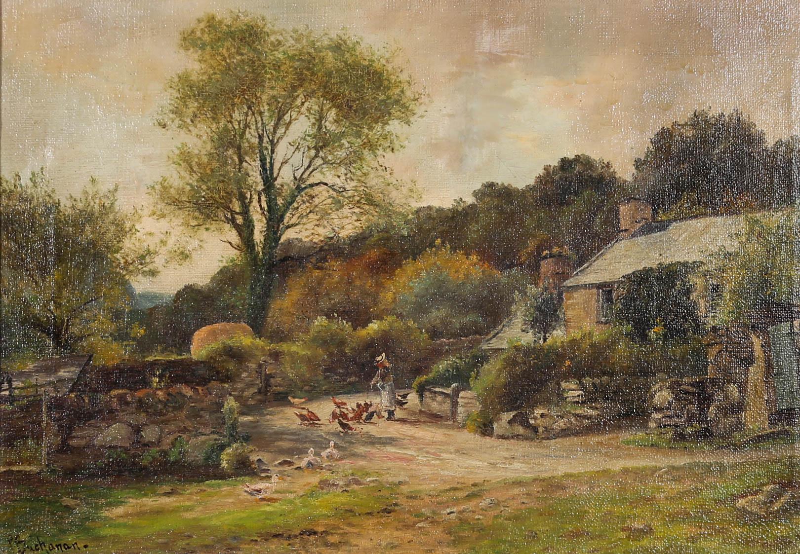 Peinture à l'huile encadrée « Feeding the Chickens » de Peter S. Buchanan (fl. 1860-1911) 3