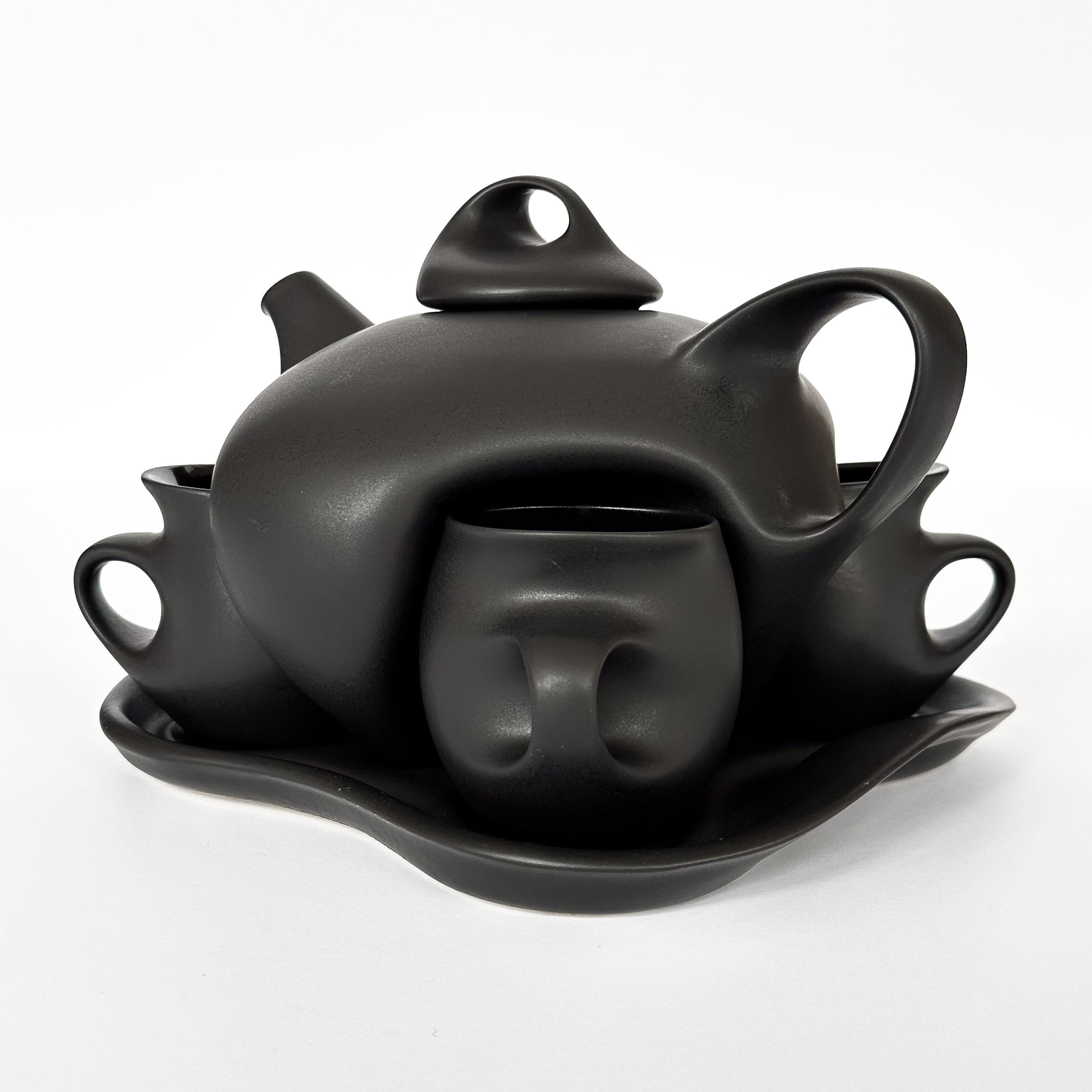 American Peter Saenger Black Glazed Ceramic Teapot Set