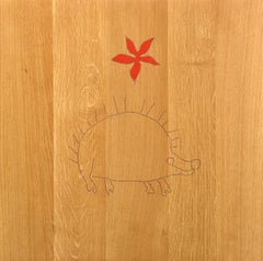 Wandteppich mit Nagel-Intarsien, Nr. 9 (Coven Footed Hedgehog)  Eichenholz, Pvc, Gouache 