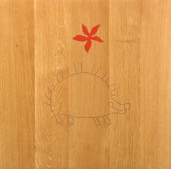 Nail Inlay Wall Piece No. 9 (Coven Footed Hedgehog)  oak, pvc, gouache