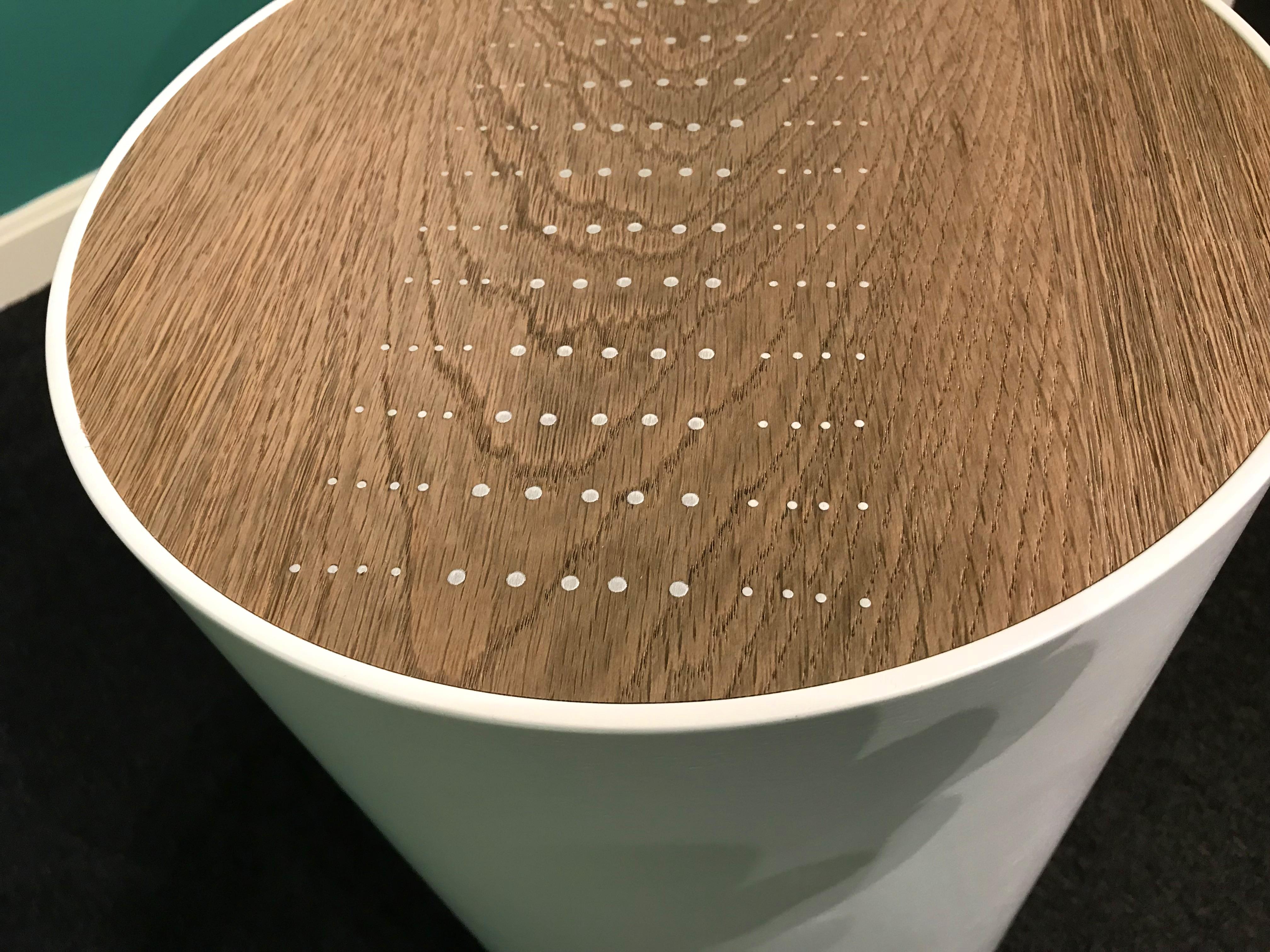 American Peter Sandback Modernist Pair of Maple Drum Tables with Oak Tops and Nail Inlay