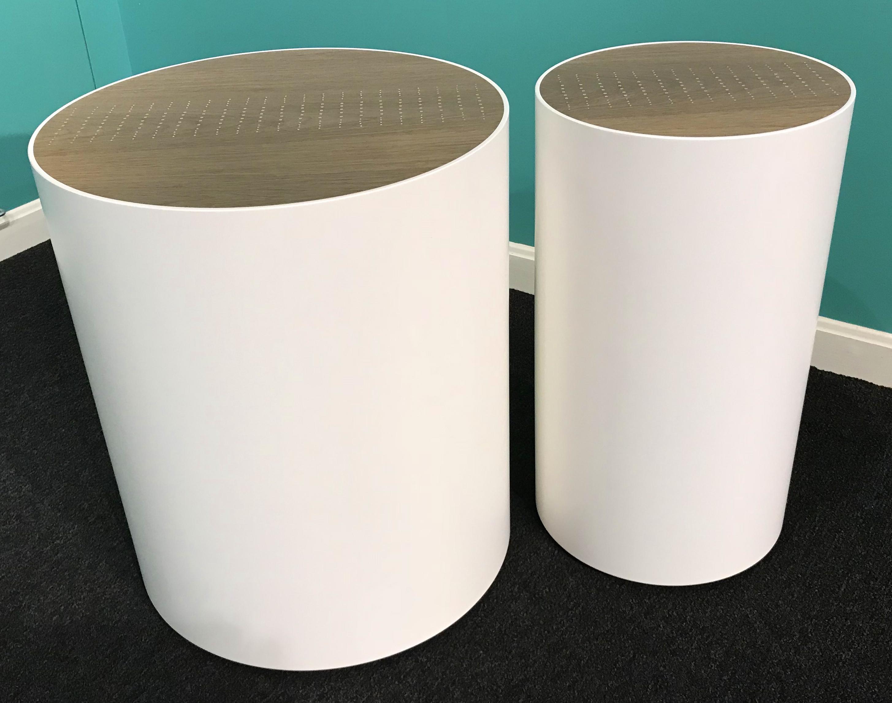 Hand-Crafted Peter Sandback Modernist Pair of Maple Drum Tables with Oak Tops and Nail Inlay