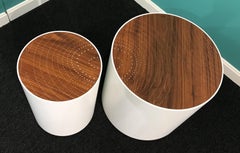 Peter Sandback Modernist Pair of Maple Drum Tables with Walnut Nail Inlaid Tops