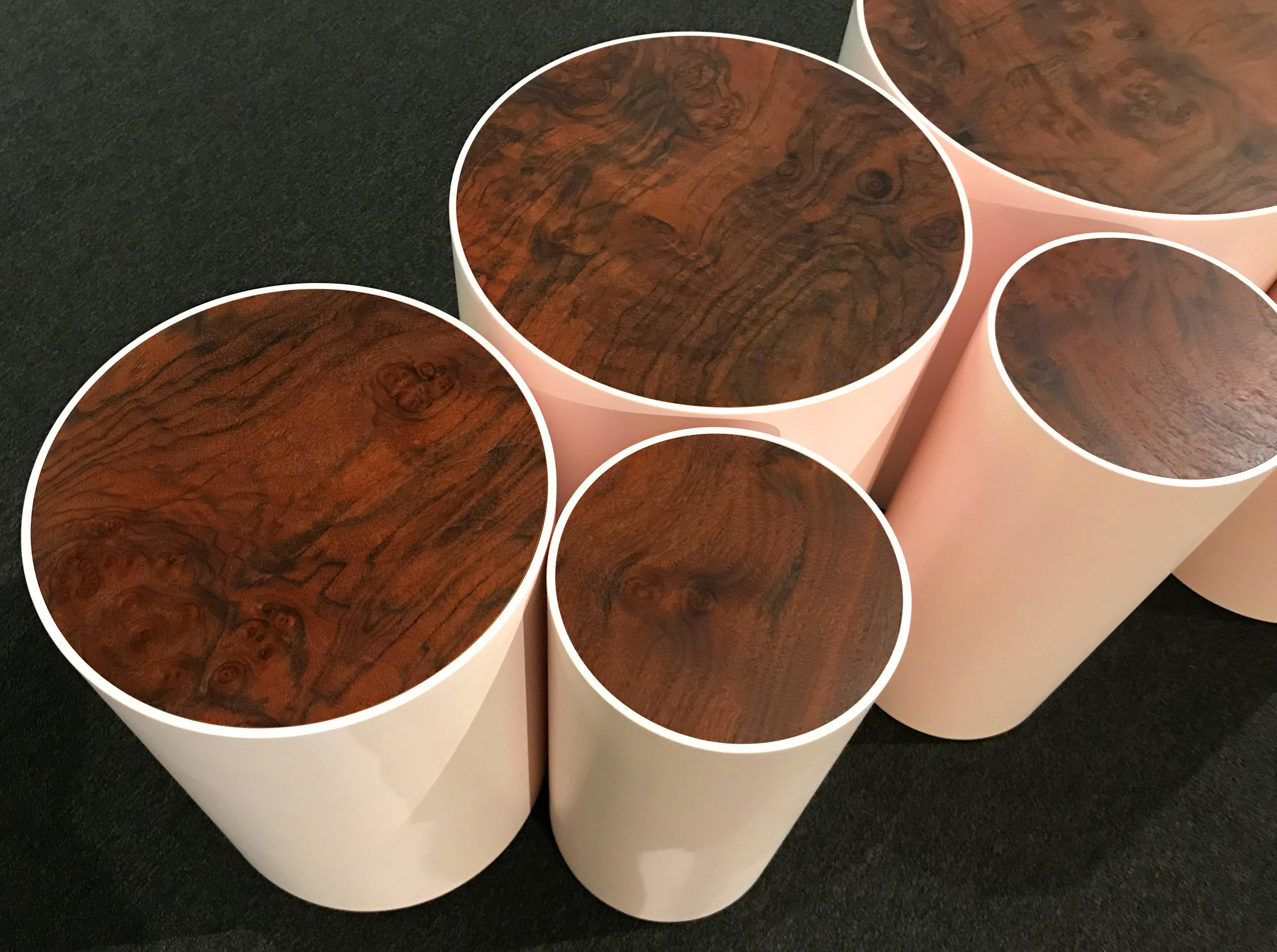 American Peter Sandback Modernist Set of Seven Maple Drum Tables with Walnut Burl Tops