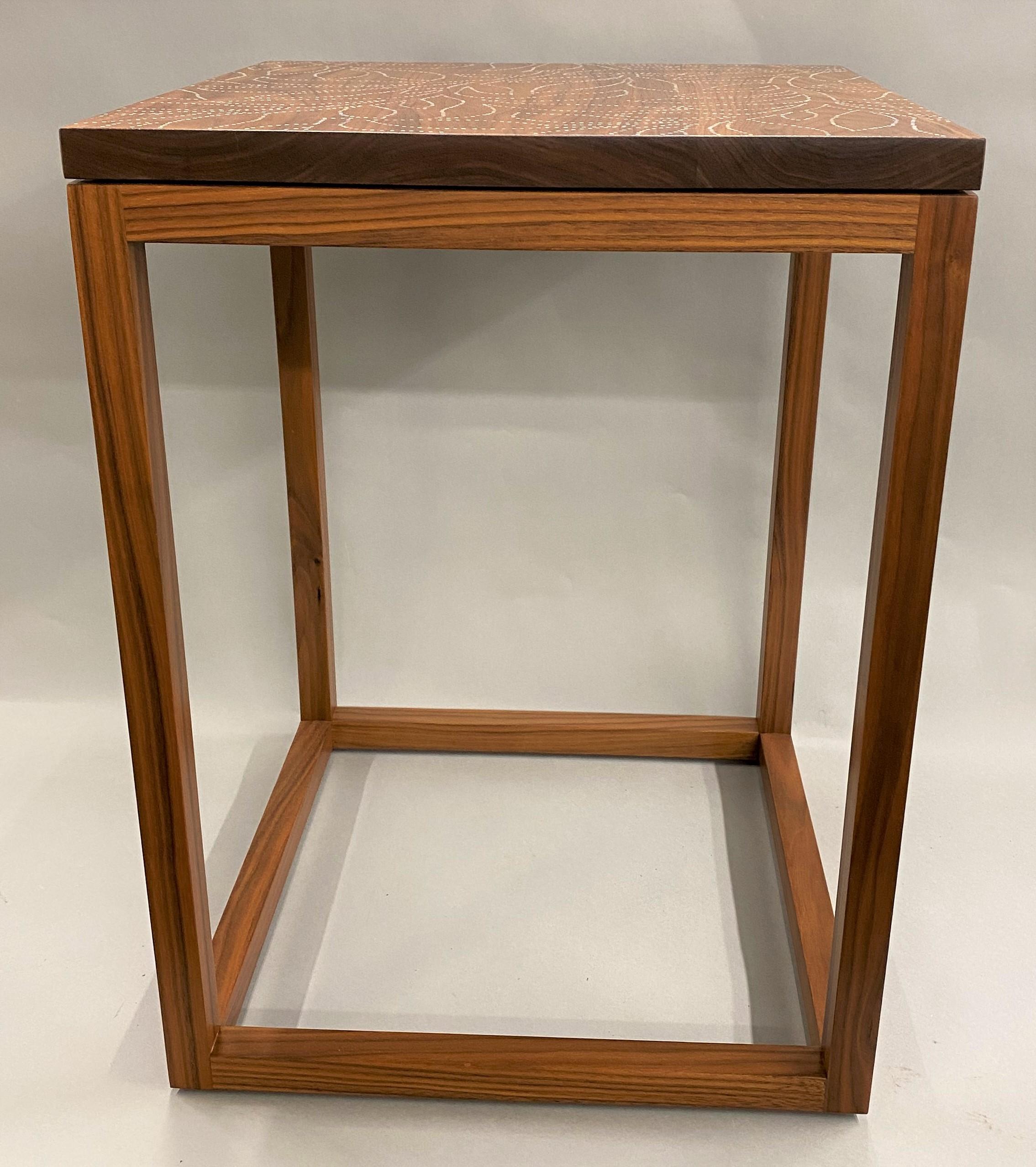 A fine custom modernist nailwork side table or stand, handcrafted by Peter Sandback. Sandback has gained a national reputation for his intricate pattern work of inlaid nails set into Minimalist handmade tables, benches and other functional forms