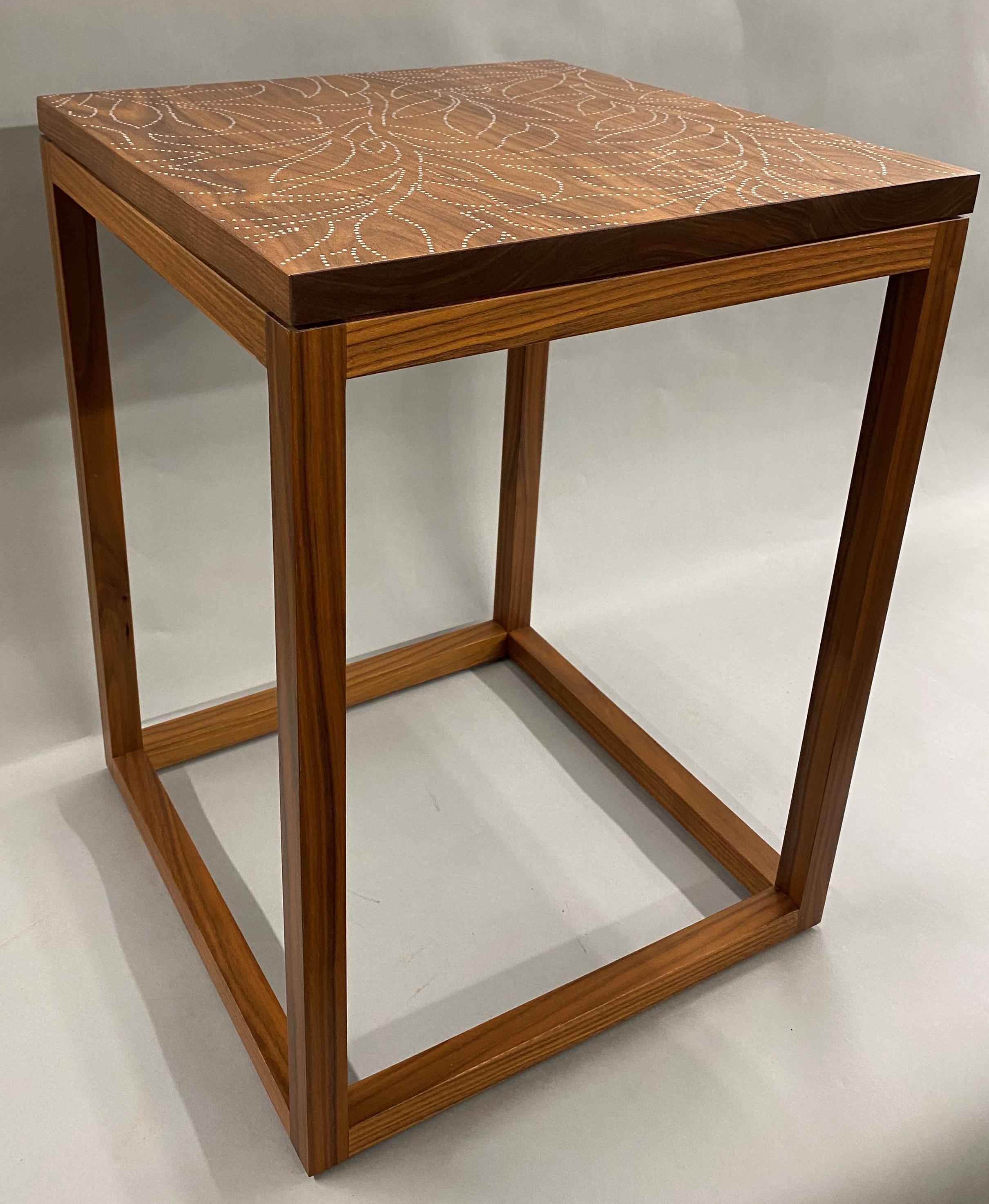 American Peter Sandback Modernist Walnut Nailwork Side Table with Foliate Leaf Design