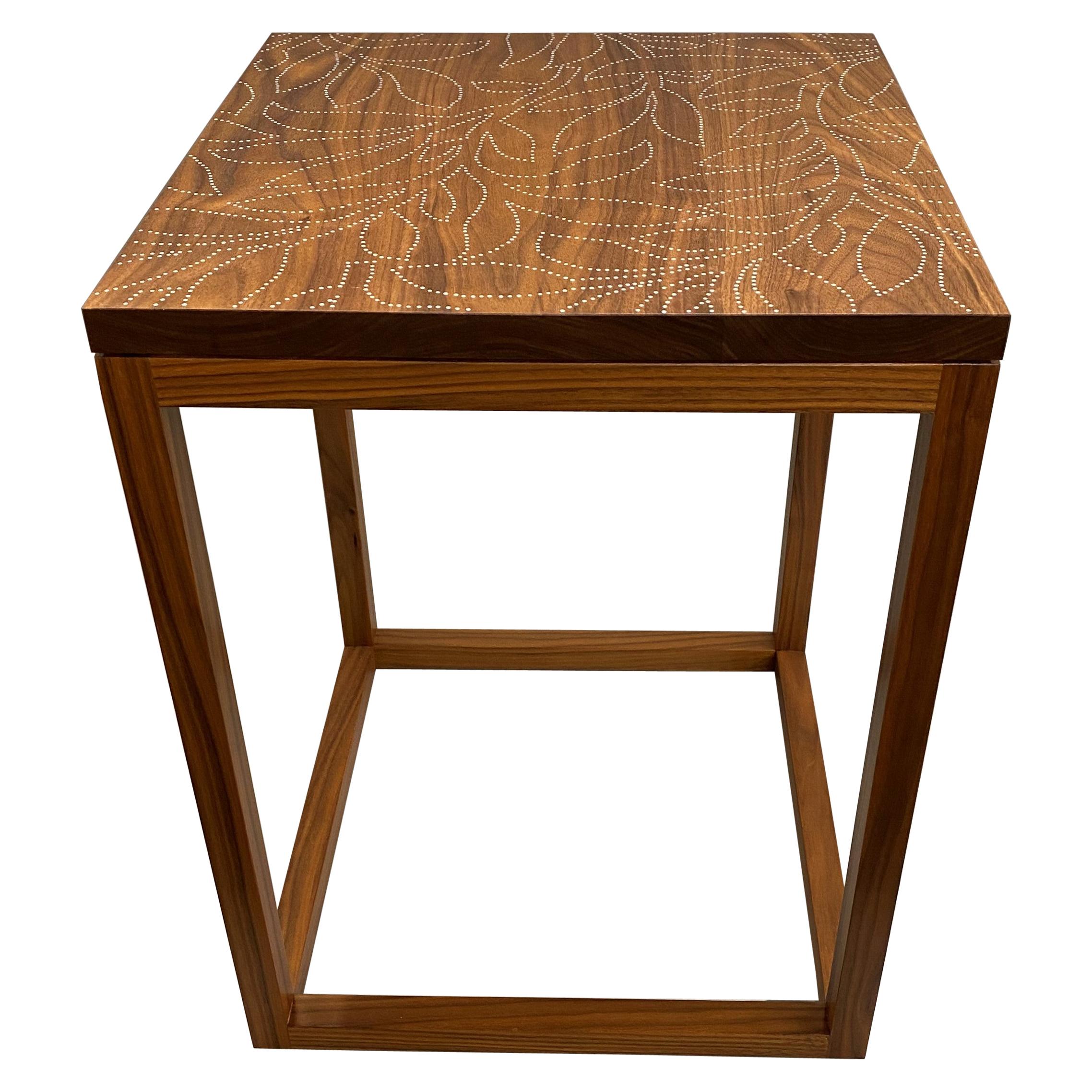 Peter Sandback Modernist Walnut Nailwork Side Table with Foliate Leaf Design