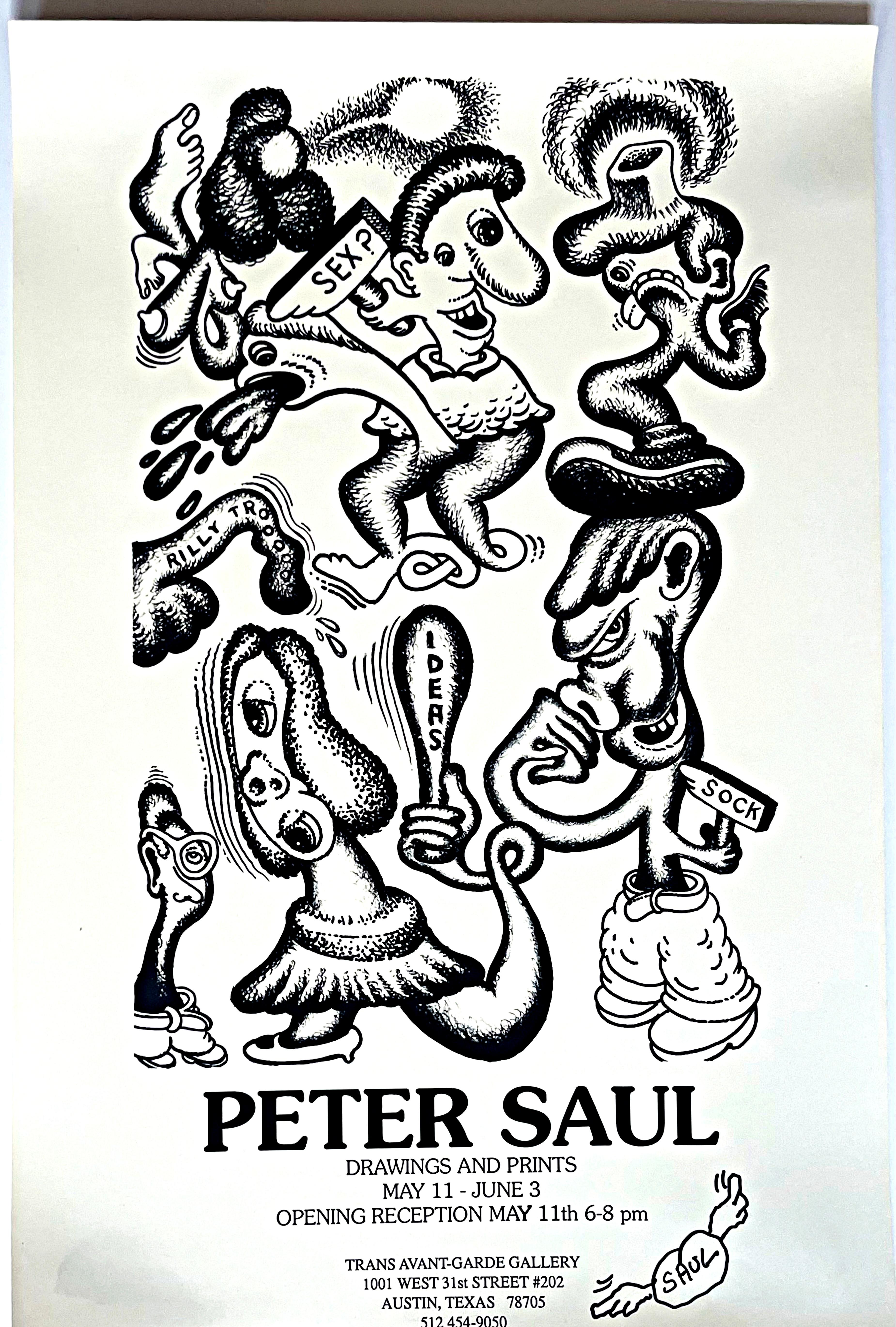Signierte Zeichnung mit schwarzem Marker auf einem seltenen frühen Offsetlithografie-Plakat, das anlässlich der Ausstellung "Peter Saul Drawings and Prints" vom 11. Mai bis 3. Juni 1990 in der Trans Avant-Garde Gallery in Austin, Texas,