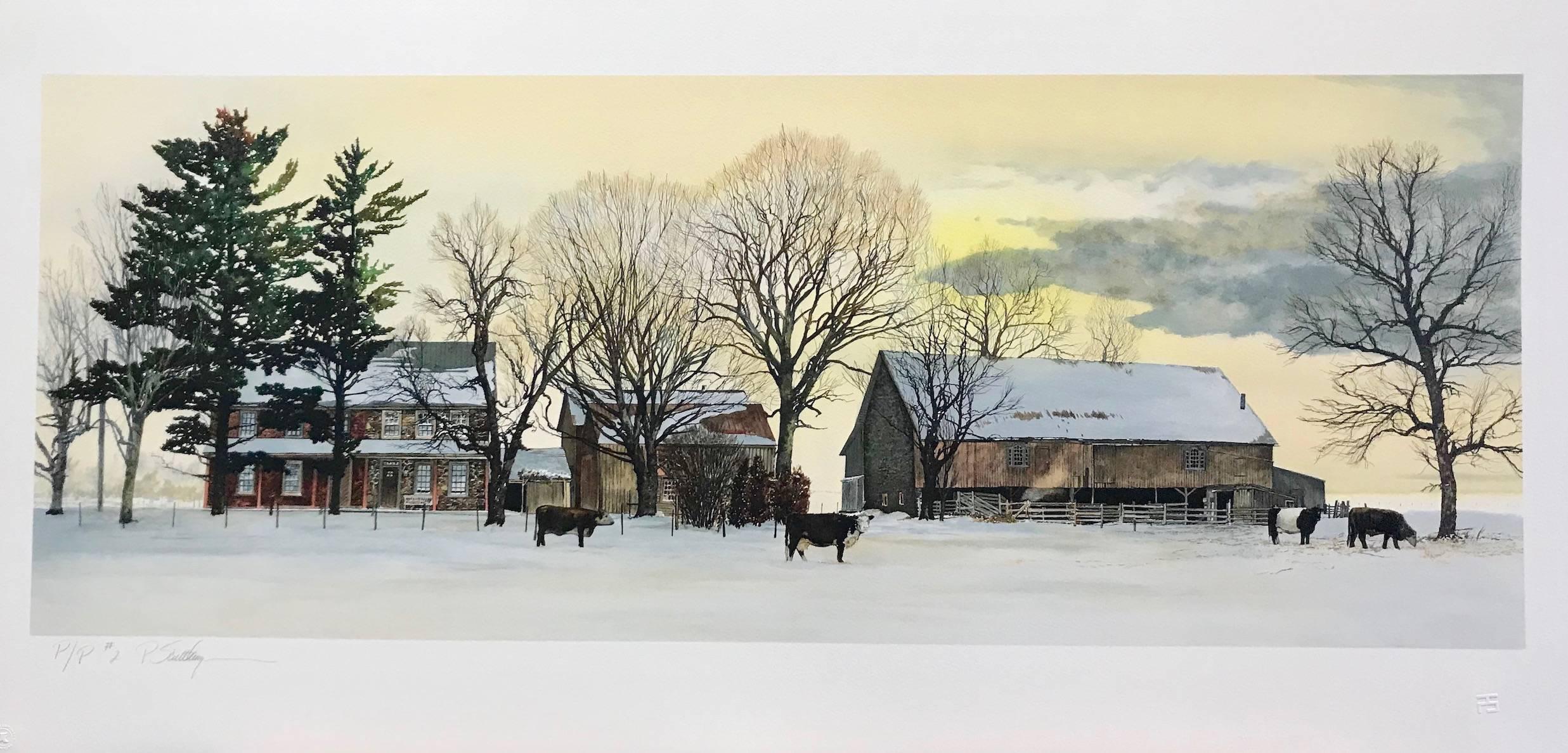 Backland, Hand Drawn Lithograph, Winter Landscape Bucks County, Stone Farmhouse - Print by Peter Sculthorpe