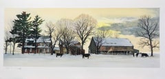 Backland, Hand Drawn Lithograph, Winter Landscape Bucks County, Stone Farmhouse