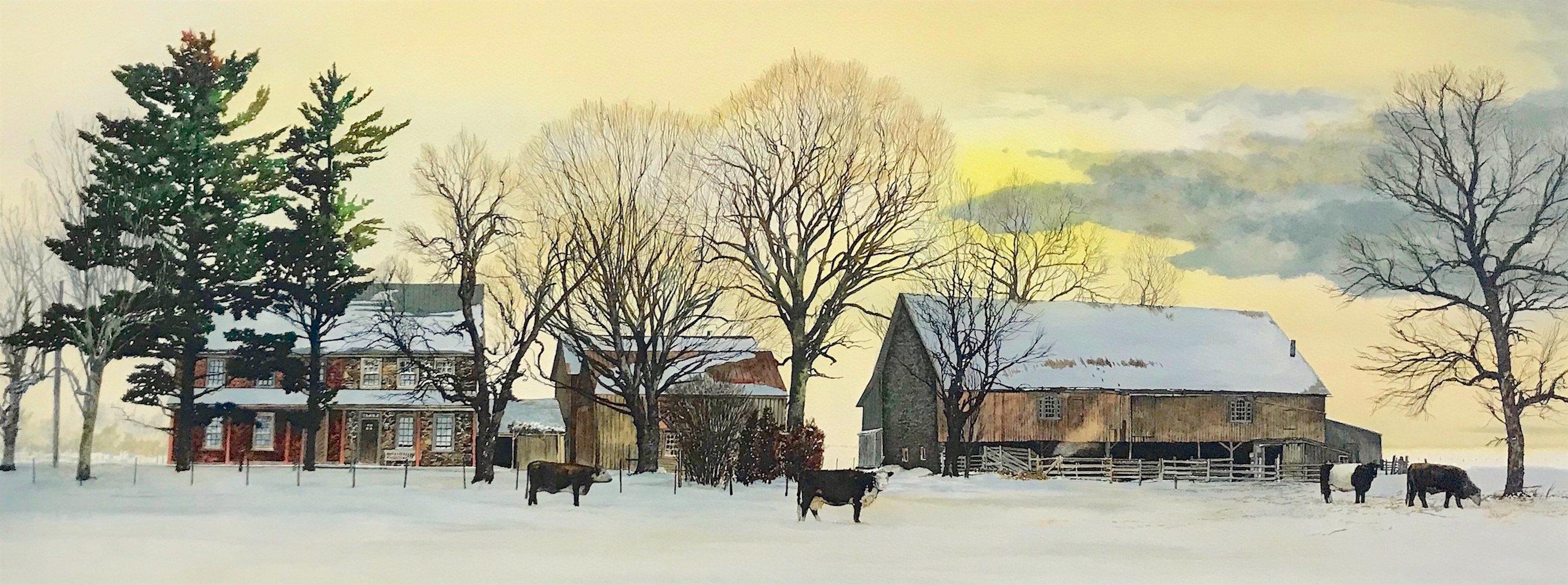 Peter Sculthorpe Landscape Print - Backland, Hand Drawn Lithograph, Winter Landscape Bucks County, Stone Farmhouse