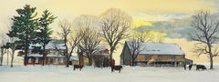 Backland, Hand Drawn Lithograph, Winter Landscape Bucks County, Stone Farmhouse