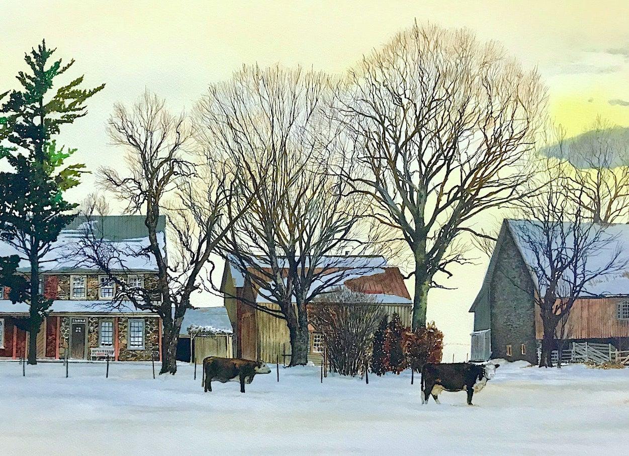 BACKLAND Signed Lithograph, Bucks County Landscape, Stone Farmhouse, Yellow Sky - Print by Peter Sculthorpe