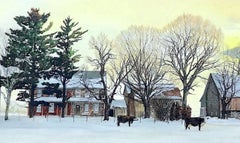 BACKLAND Signed Lithograph, Bucks County Landscape, Stone Farmhouse, Yellow Sky