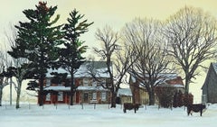 BACKLAND Signierte Lithographie, Bucks County Landscape, Stein-Bauernhaus, Gelber Himmel