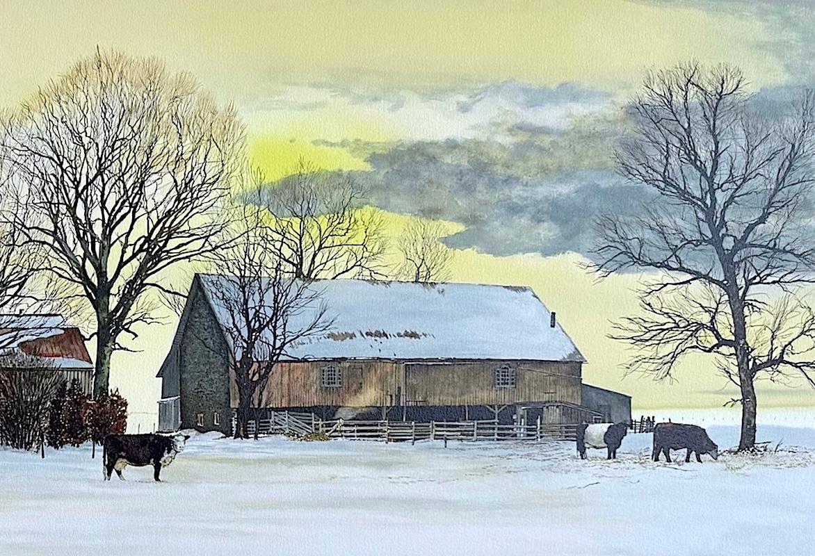 BACKLAND Litografía firmada, paisaje del condado de Bucks, granja de piedra, cielo amarillo - Print Realista de Peter Sculthorpe