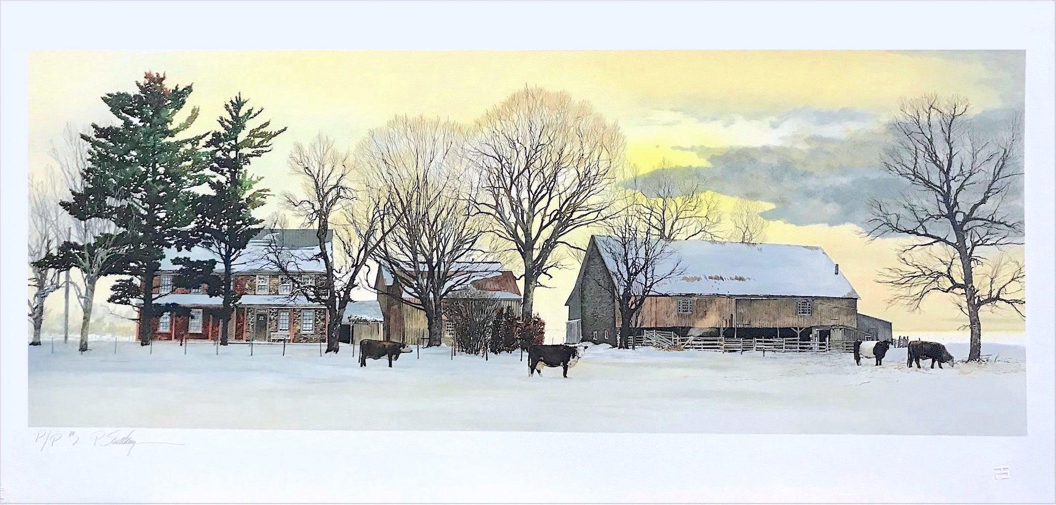 BACKLAND Signed Lithograph, Bucks County Landscape, Stone Farmhouse, Yellow Sky - Realist Print by Peter Sculthorpe