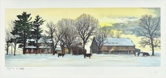 BACKLAND Litografía firmada, paisaje del condado de Bucks, granja de piedra, cielo amarillo