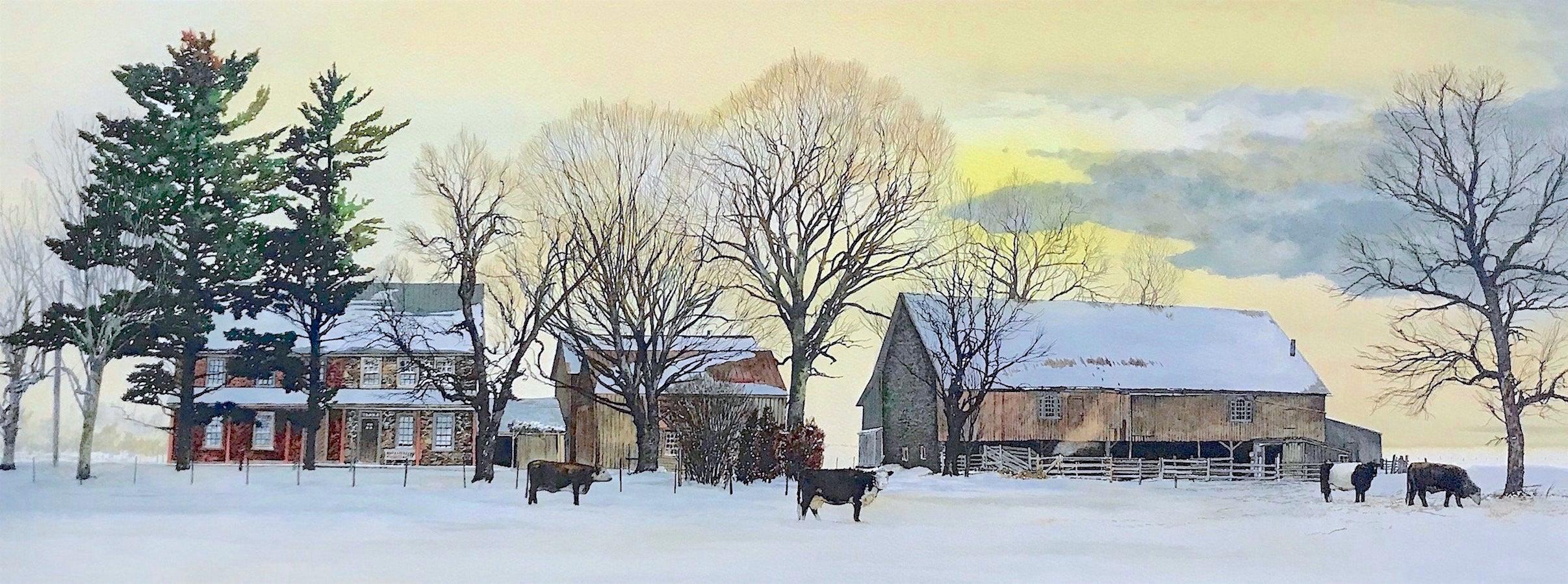 Peter Sculthorpe Landscape Print - BACKLAND Signed Lithograph, Bucks County Landscape, Stone Farmhouse, Yellow Sky