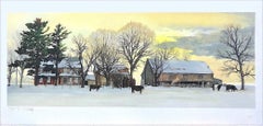 Vintage BACKLAND Signed Lithograph, Bucks County Landscape, Stone Farmhouse, Yellow Sky
