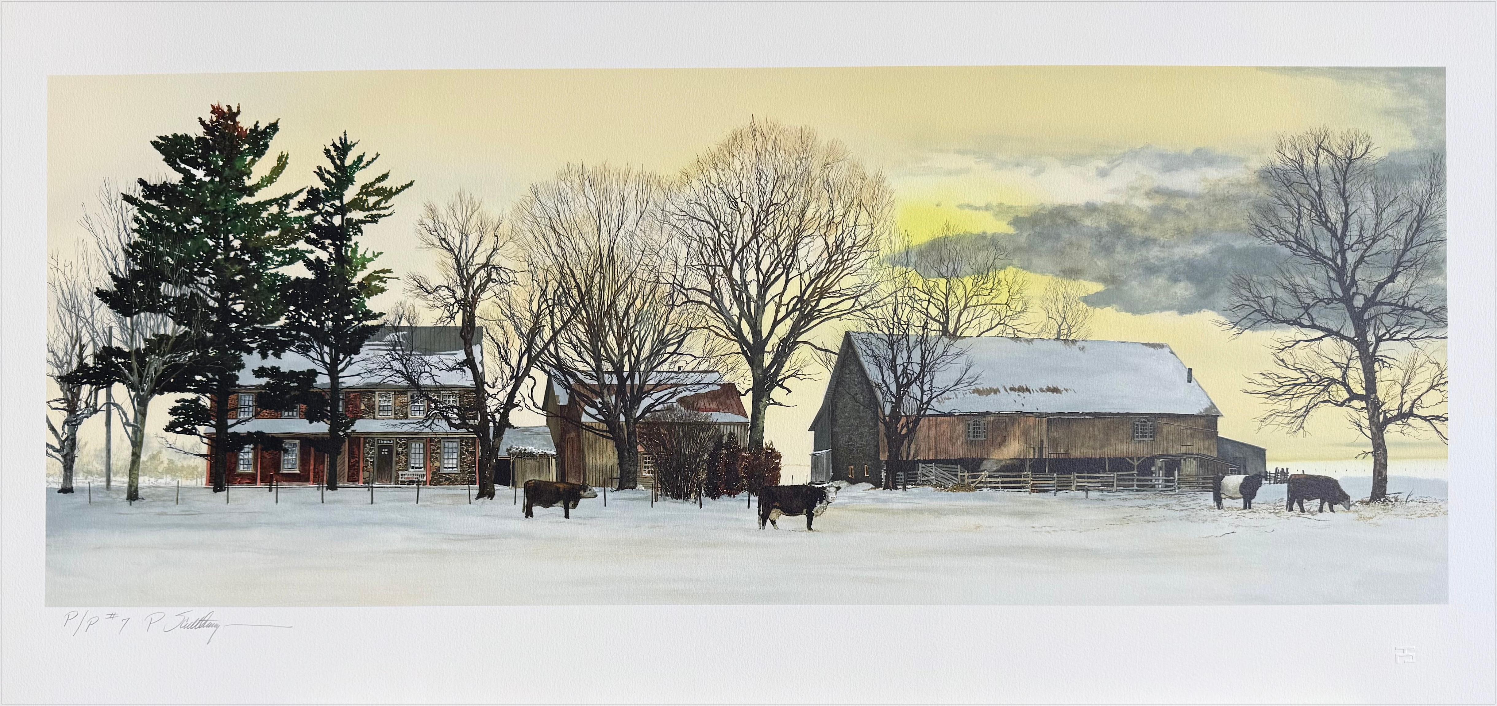 BACKLAND Litografia firmata, Paesaggio della contea di Bucks, fattoria di pietra, cielo giallo