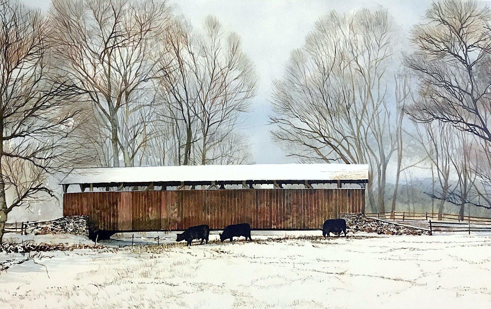 BUCK RUN BRIDGE Signed Lithograph, Historic Covered Bridge, Chester County, Cows - Print by Peter Sculthorpe