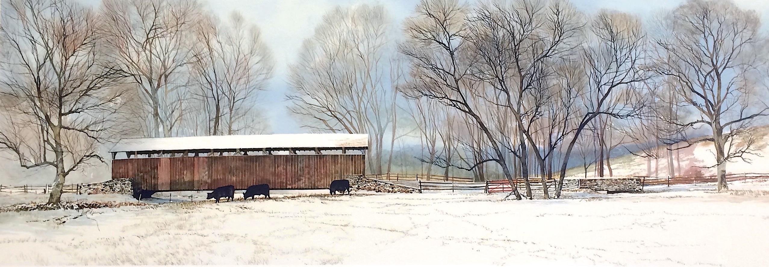 Peter Sculthorpe Animal Print - BUCK RUN BRIDGE Signed Lithograph, Historic Covered Bridge, Chester County, Cows