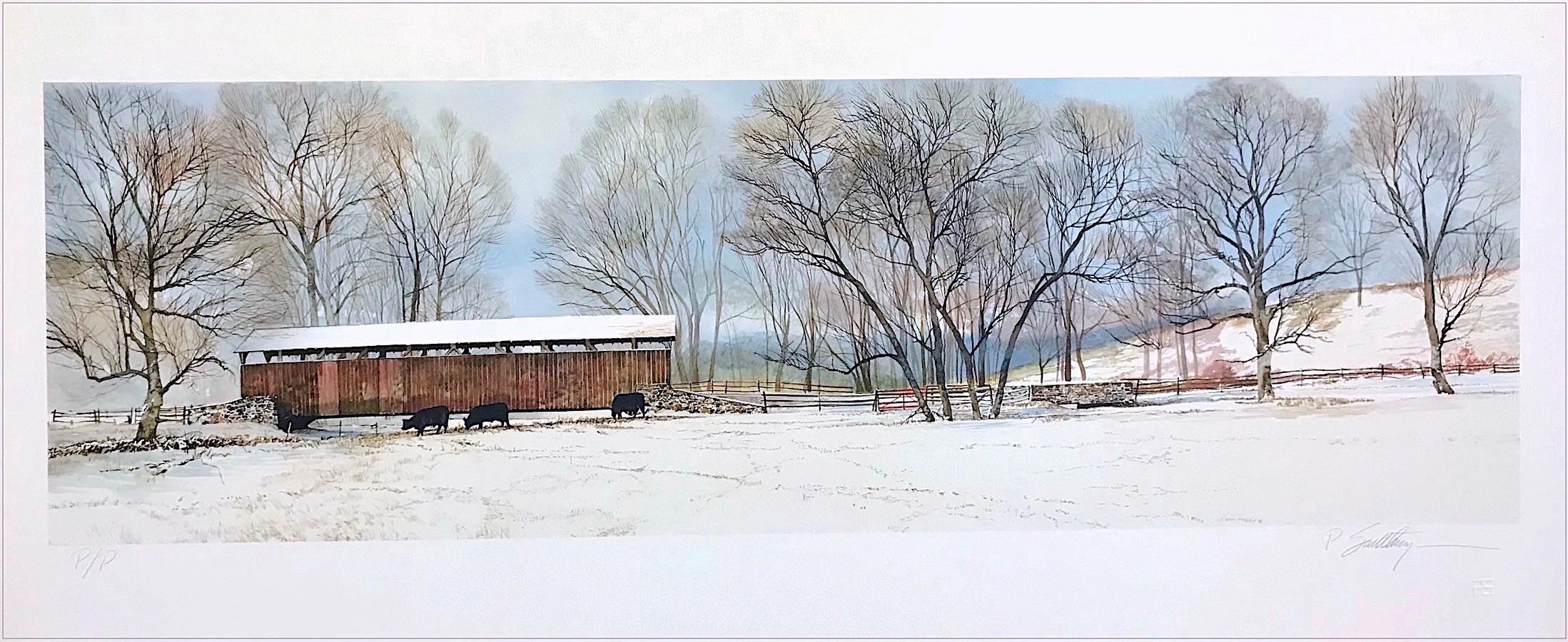 BUCK RUN BRIDGE Signed Lithograph Historic Covered Bridge, Snowy Landscape, Cows - Print by Peter Sculthorpe