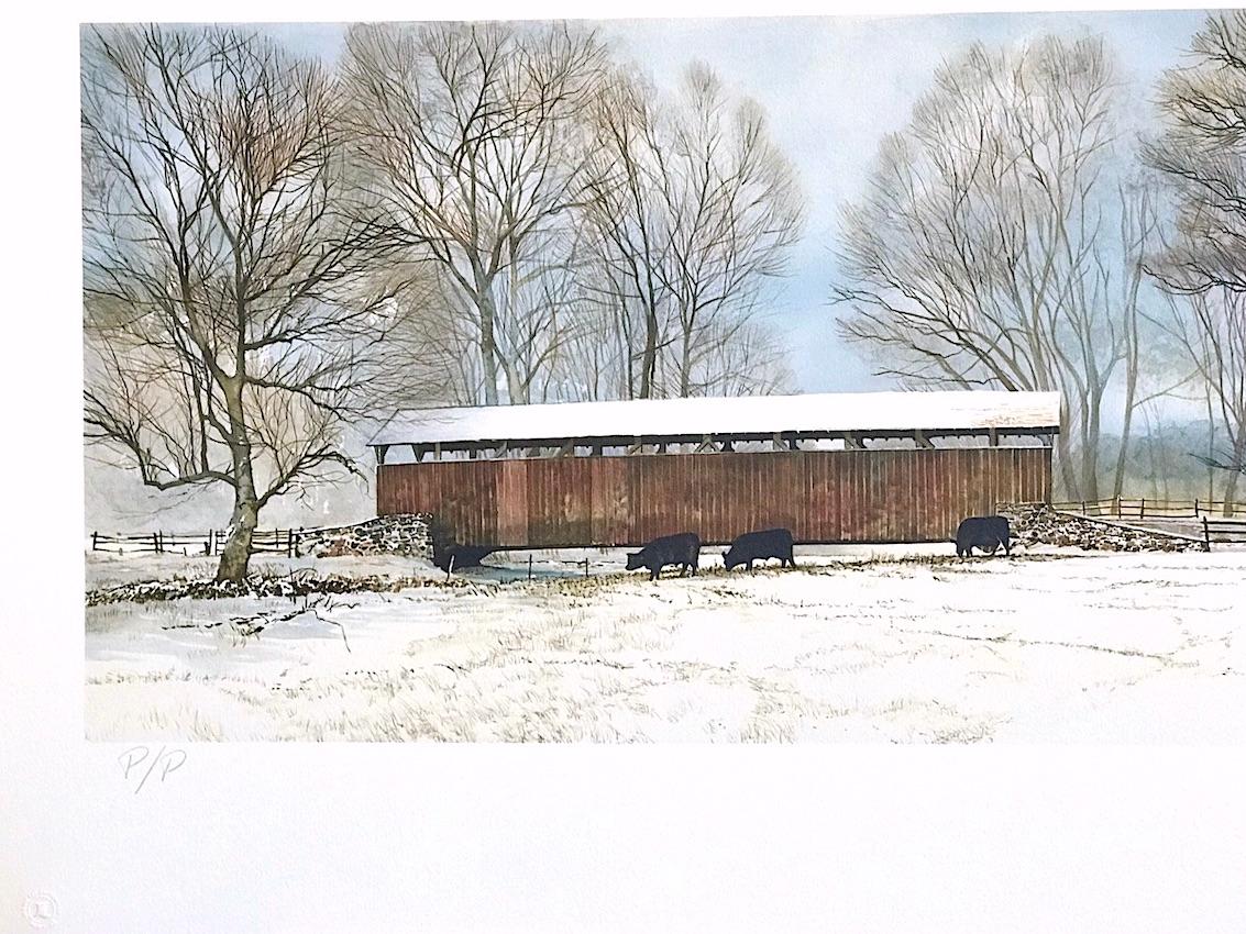 BUCK RUN BRIDGE Signed Lithograph Historic Covered Bridge, Snowy Landscape, Cows - Realist Print by Peter Sculthorpe