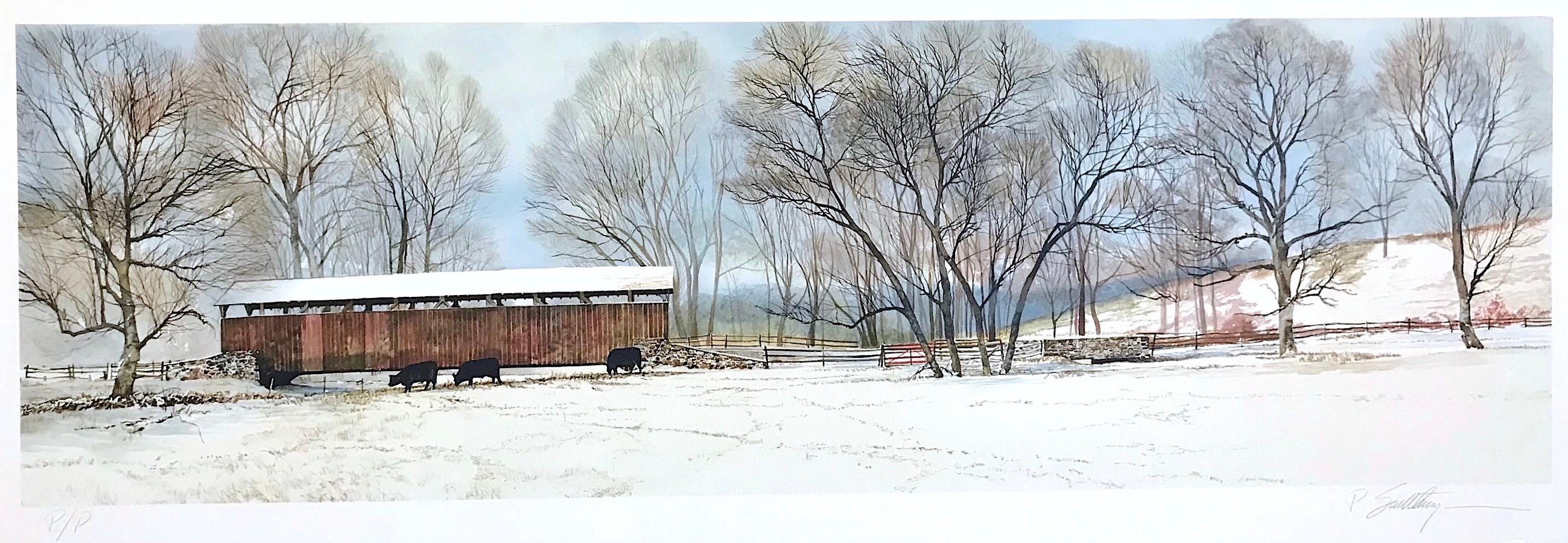 Peter Sculthorpe Landscape Print - BUCK RUN BRIDGE Signed Lithograph Historic Covered Bridge, Snowy Landscape, Cows