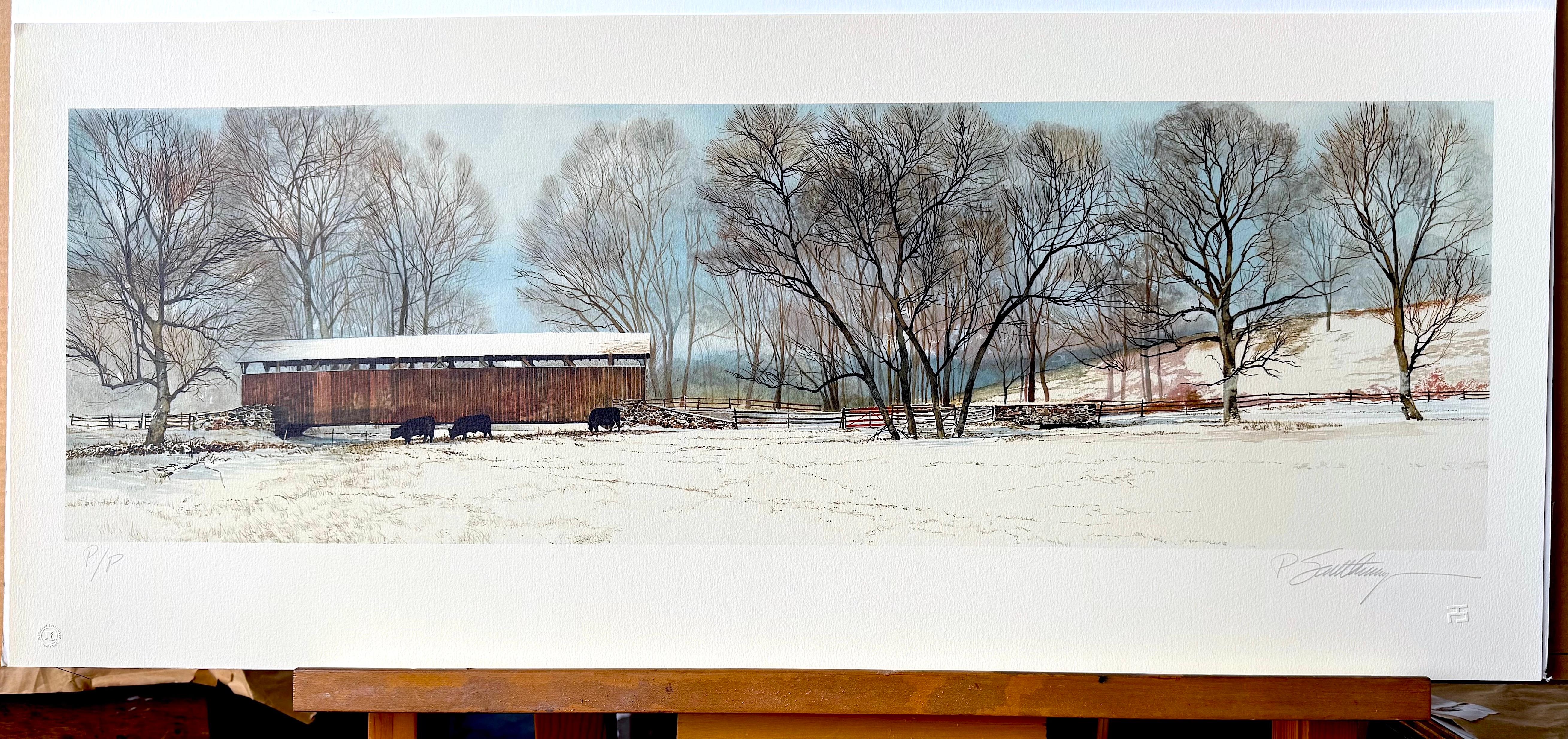 BUCK RUN BRIDGE Signierte Lithographie Historische Deckel Brücke Winterlandschaft, Kühe, BUCK RUN BRIDGE im Angebot 3