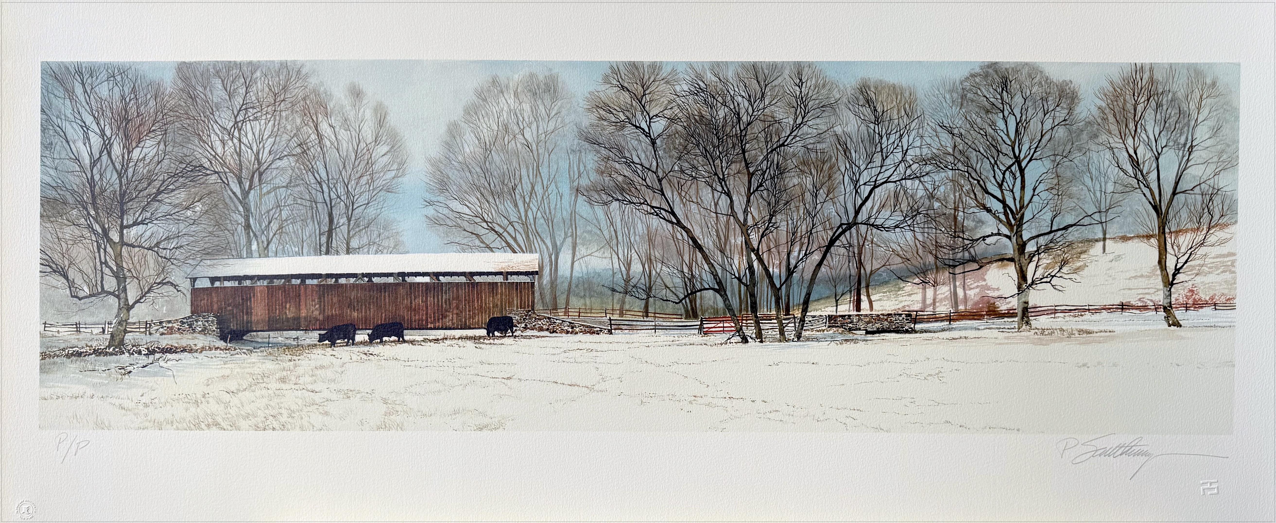 BUCK RUN BRIDGE Signed Lithograph Historic Covered Bridge Winter Landscape, Cows