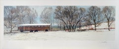 BUCK RUN BRIDGE Signed Lithograph Historic Covered Bridge Winter Landscape, Cows