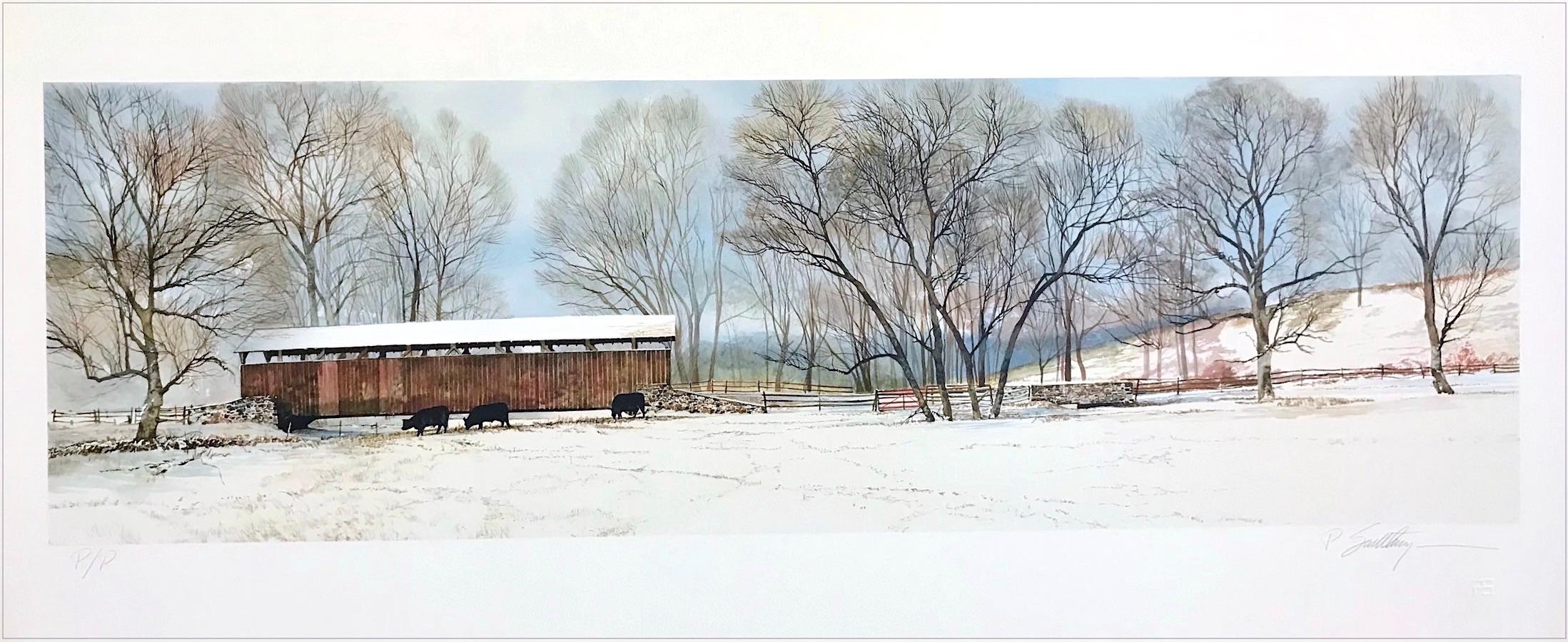 BUCK RUN BRIDGE Signed Lithograph Historic Covered Bridge, Snowy Landscape, Cows - Print by Peter Sculthorpe