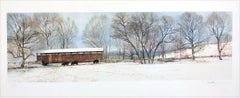 BUCK RUN BRIDGE Signed Lithograph Historic Covered Bridge, Snowy Landscape, Cows