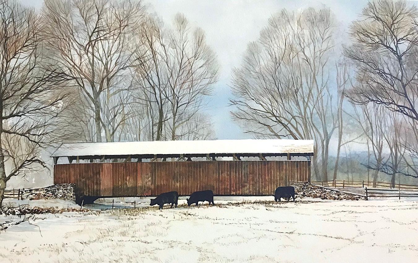 BUCK RUN BRIDGE Signed Lithograph Historic Covered Bridge, Snowy Landscape, Cows - Realist Print by Peter Sculthorpe