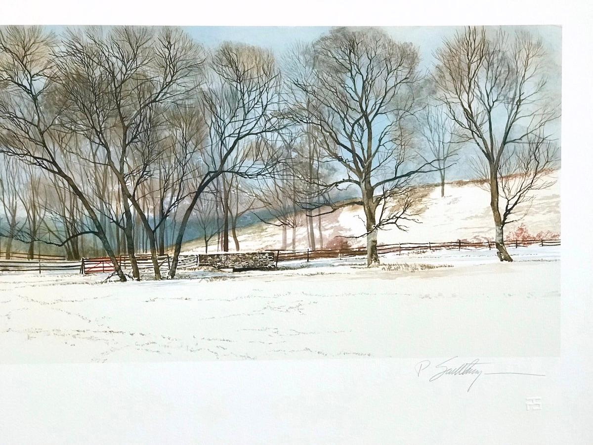 BUCK RUN BRIDGE is an original, hand drawn, limited edition lithograph(not a photo reproduction or digital print) by Peter Sculthorpe(b.1948 Ontario, Canada) printed in 1990 at JK Fine Art Editions Co. NYC, using hand lithography techniques on