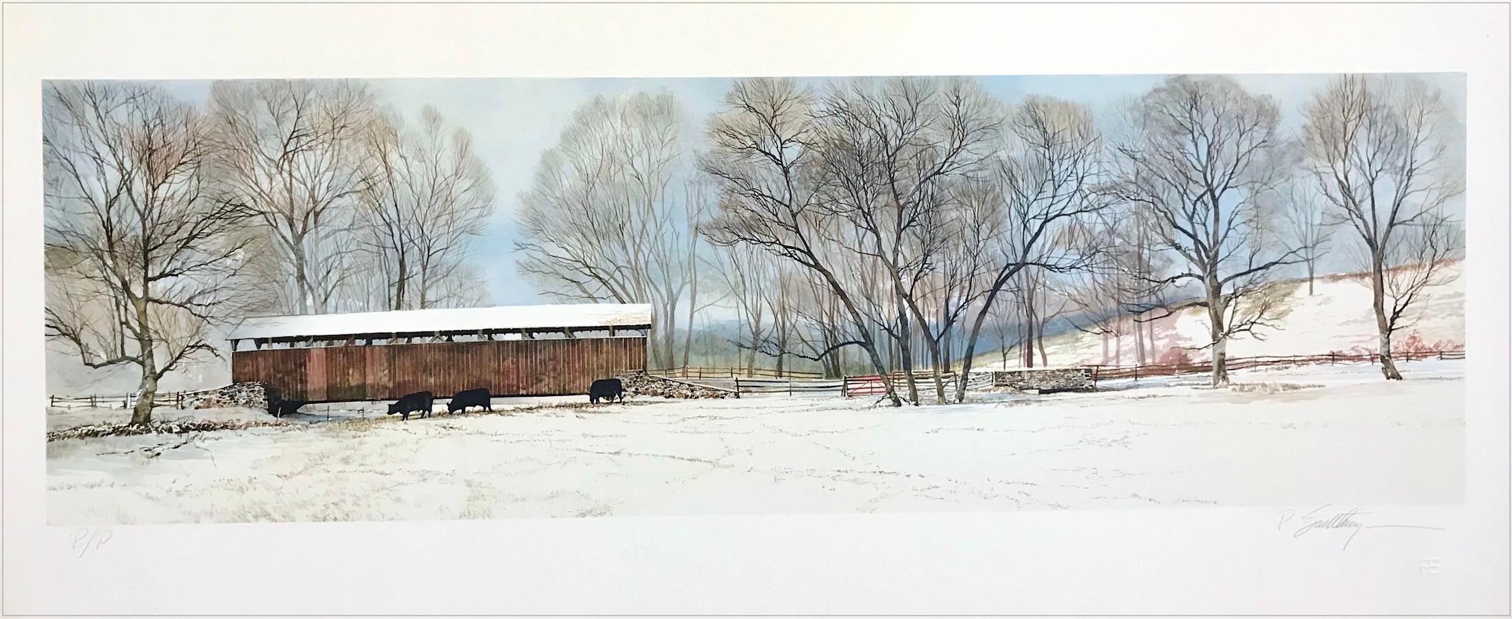 BUCK RUN BRIDGE Signed Lithograph Historic Covered Bridge, Snowy Landscape, Cows 3