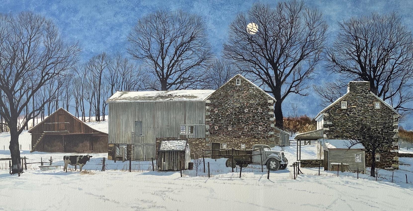 DOMINO Signed Lithograph, Bucks County Landscape, Historic Stone Farmhouse, Cow - Gray Animal Print by Peter Sculthorpe