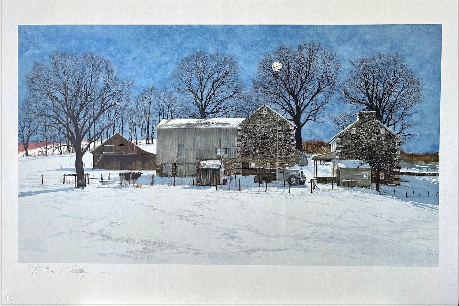 DOMINO Signed Lithograph, Bucks County Landscape, Historic Stone Farmhouse, Cow - Print by Peter Sculthorpe