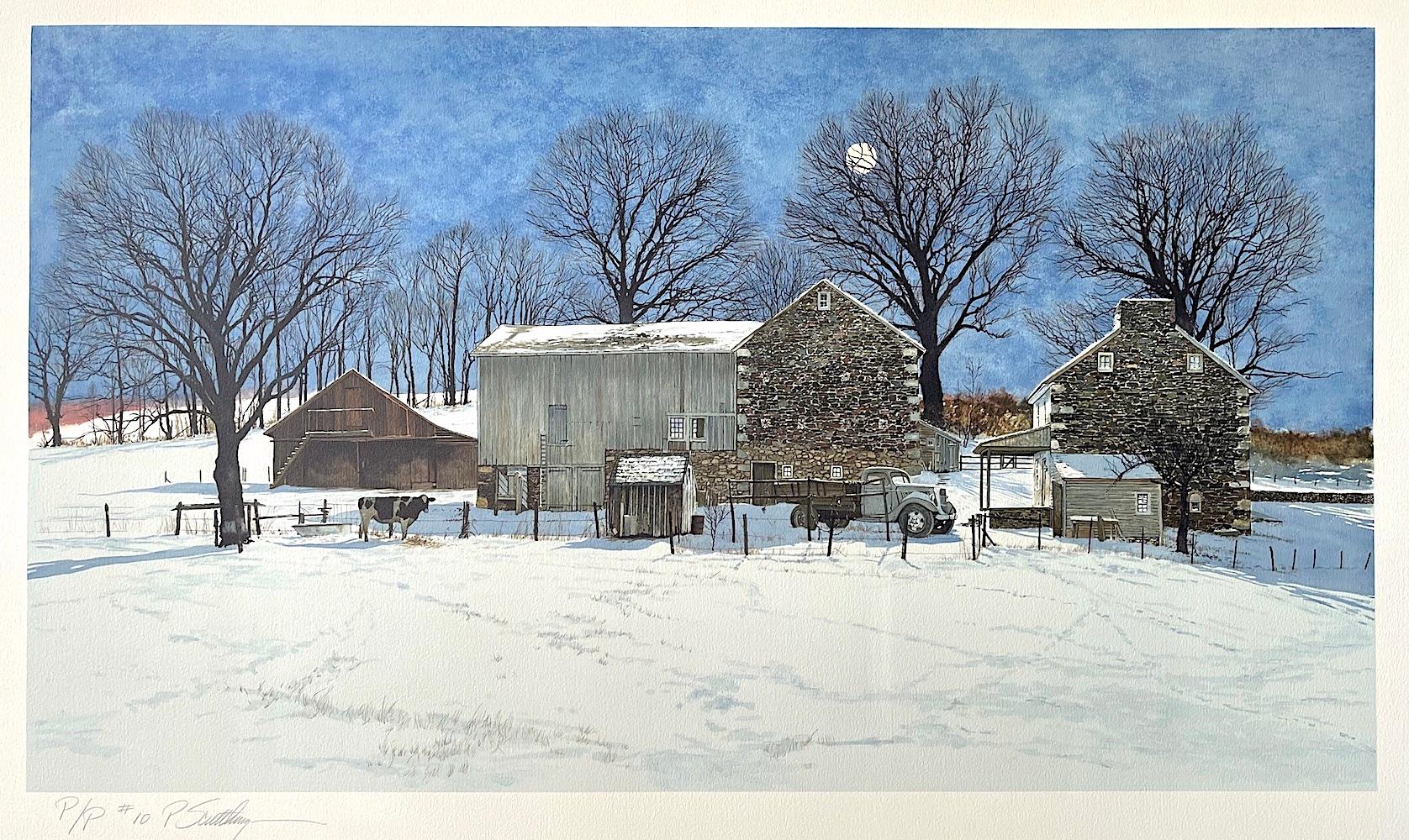 DOMINO Litografía firmada, Paisaje del condado de Bucks, Granja histórica de piedra, Vaca - Print de Peter Sculthorpe