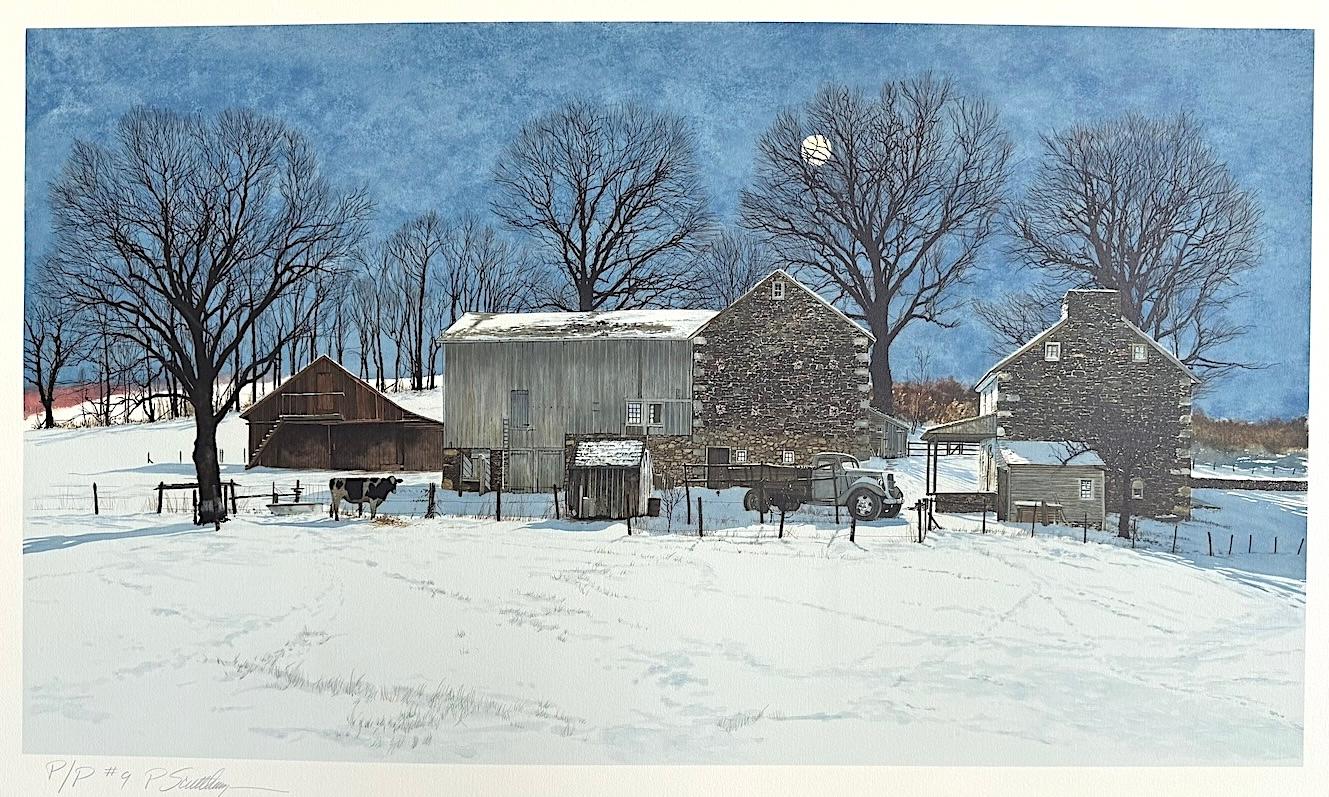 Lithographie signée DOMINO, paysage du comté de Bucks, ferme historique en pierre, vache - Print de Peter Sculthorpe