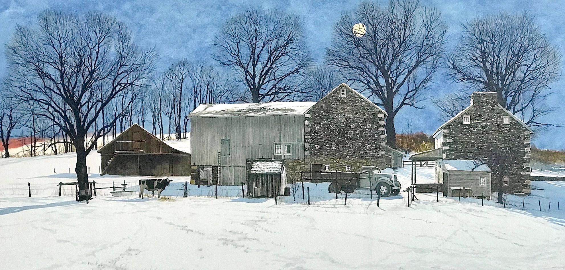 DOMINO Signed Lithograph, Bucks County Landscape, Historic Stone Farmhouse, Cow - Realist Print by Peter Sculthorpe